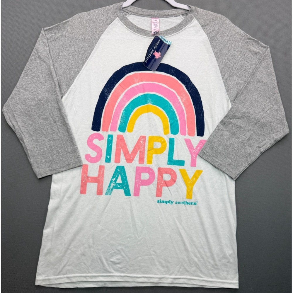 Simply Southern Simply Happy Rainbow Raglan Shirt White Grey NWT | Women's Small